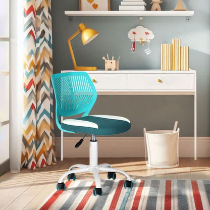 Aqua Teal Blue and White Adjustable Height Swivel Rolling Office Chair