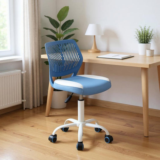 Blue and White Adjustable Height Swivel Rolling Office Chair