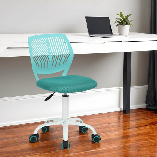 Cyan Blue and White Adjustable Height Swivel Rolling Office Chair