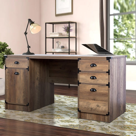 59" Oak Wood Pedestal Computer Desk With Four Drawers