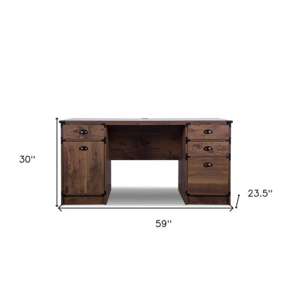 Escritorio de computadora con pedestal de madera de nogal de 59" y cuatro cajones
