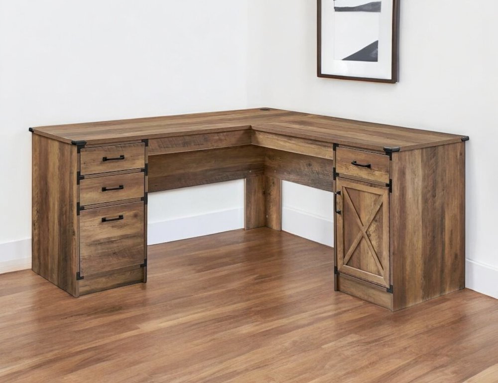 64" Oak Wood L Shape Executive Desk With Four Drawers