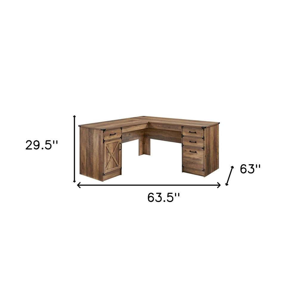 64" Oak Wood L Shape Executive Desk With Four Drawers
