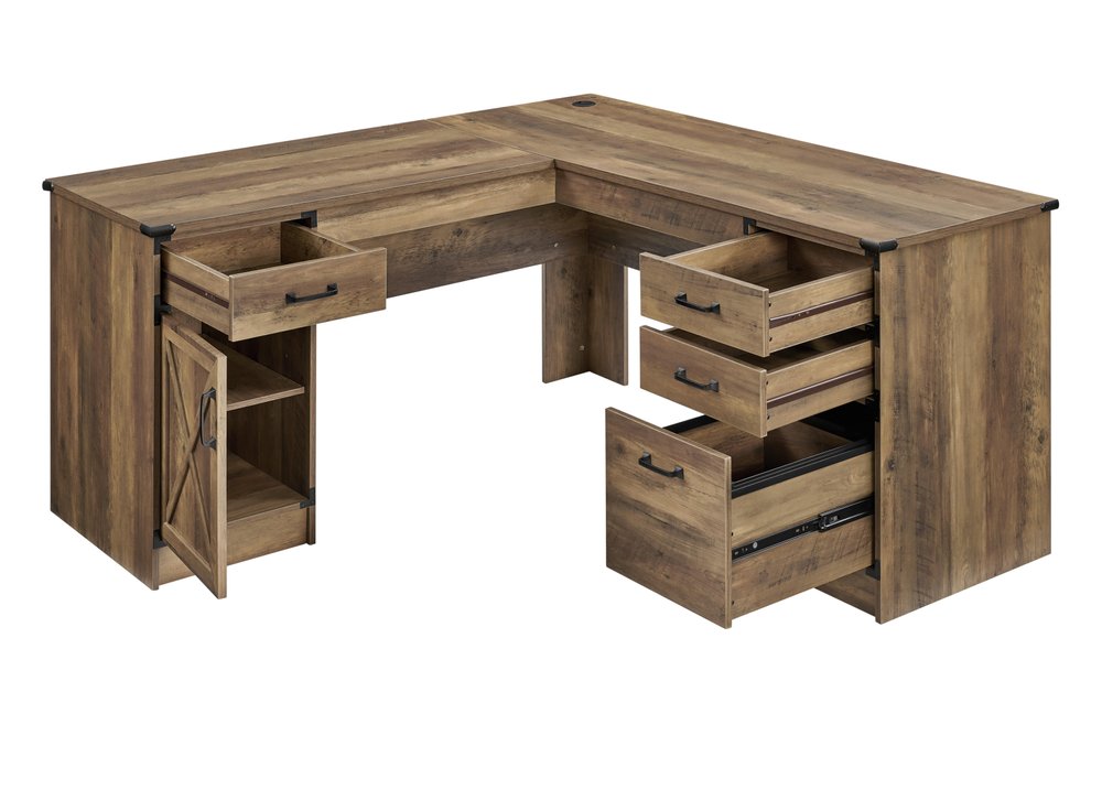 64" Oak Wood L Shape Executive Desk With Four Drawers