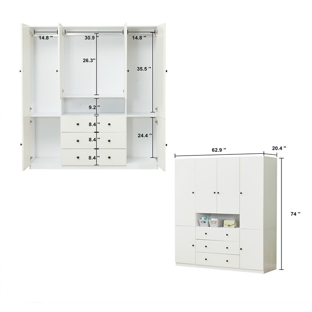 Cómoda de madera blanca de 74" con seis puertas y tres cajones