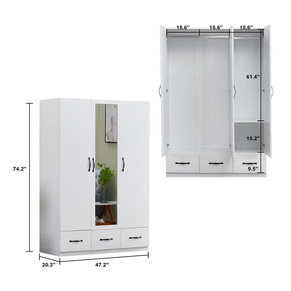 Cómoda blanca de 74" con espejo, tres puertas y tres cajones