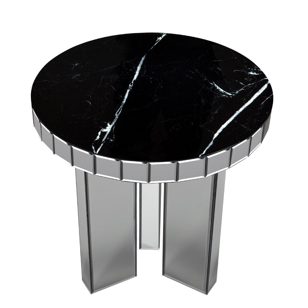 20" Black and Silver Mirrored Marble and Glass Round End Table