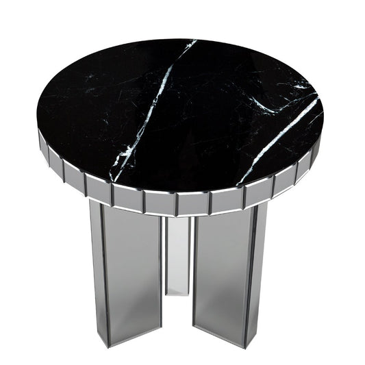 20" Black and Silver Mirrored Marble and Glass Round End Table