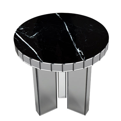 20" Black and Silver Mirrored Marble and Glass Round End Table