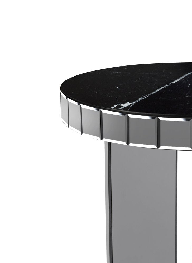 20" Black and Silver Mirrored Marble and Glass Round End Table
