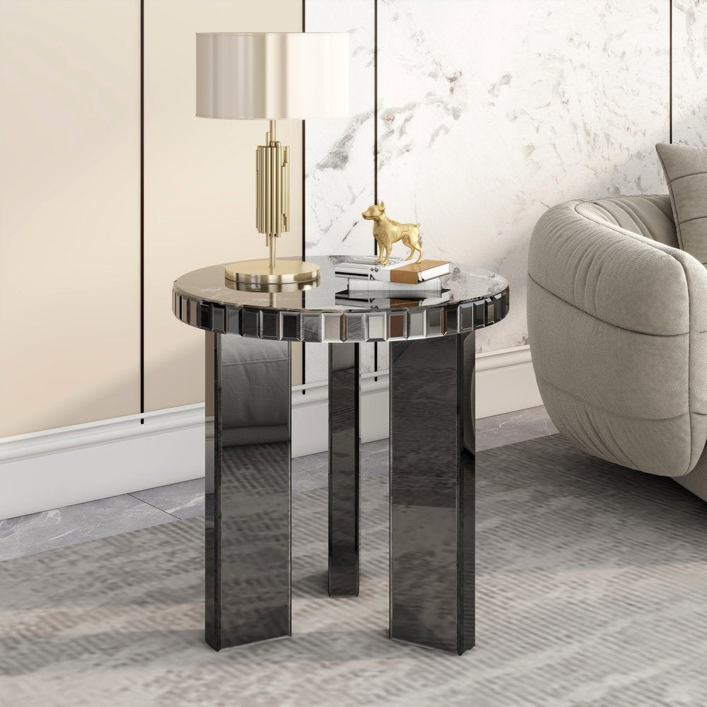 20" Black and Silver Mirrored Marble and Glass Round End Table