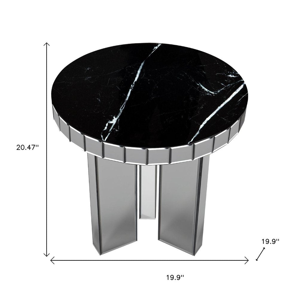 20" Black and Silver Mirrored Marble and Glass Round End Table
