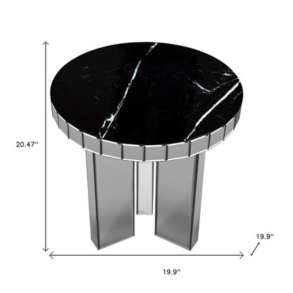 20" Black and Silver Mirrored Marble and Glass Round End Table