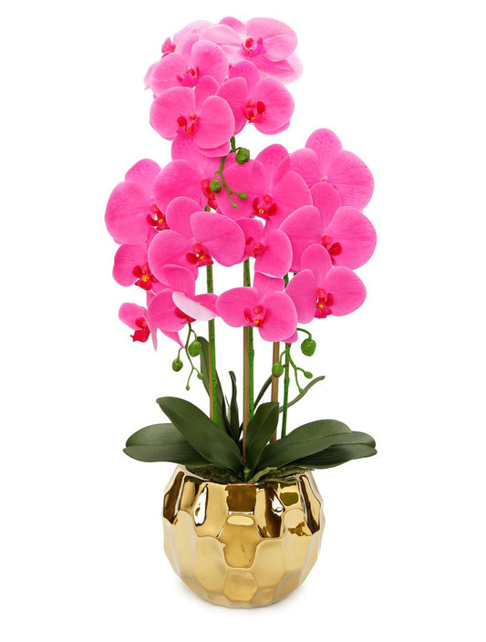 26" Pink Orchid Artificial Plant in a Hammered Gold Round Vase
