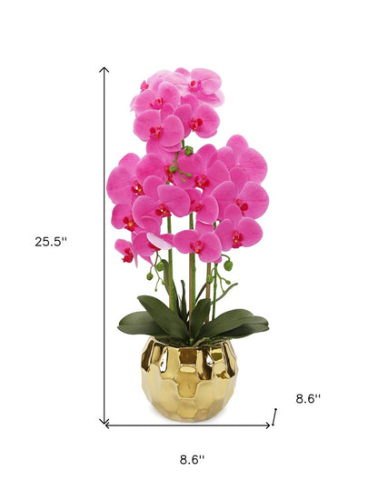 26" Pink Orchid Artificial Plant in a Hammered Gold Round Vase