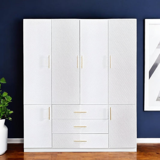 Cómoda combinada de seis puertas y tres cajones con diseño geométrico tallado en blanco de 74"
