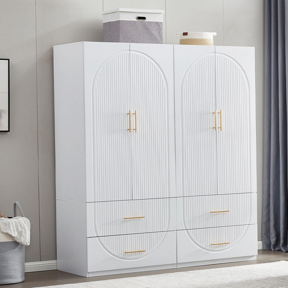 Cómoda combinada de cuatro puertas y cuatro cajones con diseño geométrico tallado en blanco de 74"