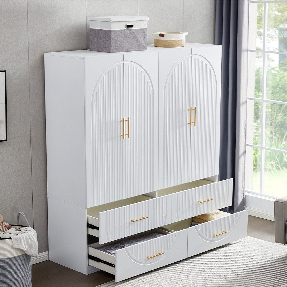 Cómoda combinada de cuatro puertas y cuatro cajones con diseño geométrico tallado en blanco de 74"