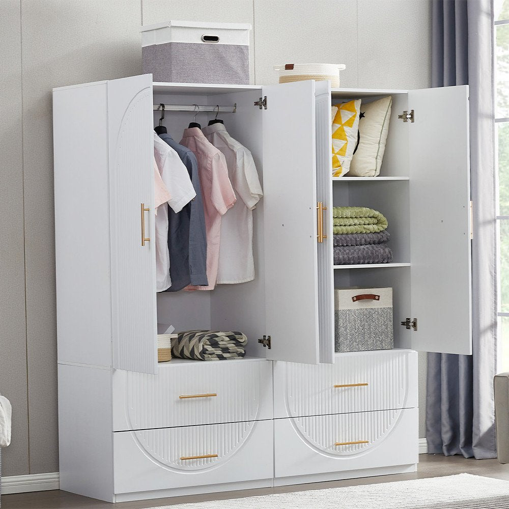 Cómoda combinada de cuatro puertas y cuatro cajones con diseño geométrico tallado en blanco de 74"
