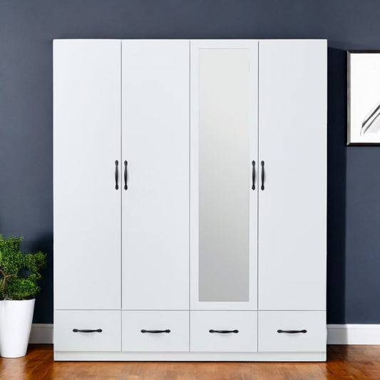 Cómoda combinada de cuatro puertas y cuatro cajones con espejo blanco de 74"
