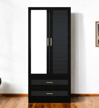 Cómoda de 180 cm con dos puertas y dos cajones, con diseño geométrico tallado y espejo, color negro
