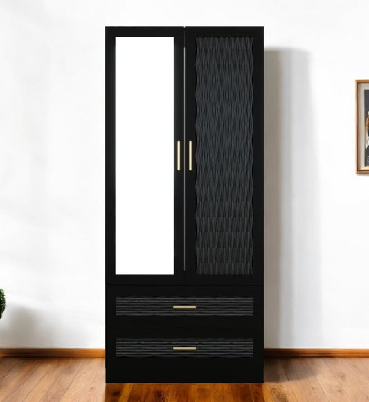 Cómoda de 180 cm con dos puertas y dos cajones, con diseño geométrico tallado y espejo, color negro