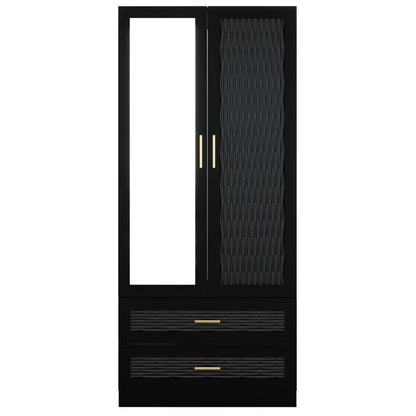 Cómoda de 180 cm con dos puertas y dos cajones, con diseño geométrico tallado y espejo, color negro