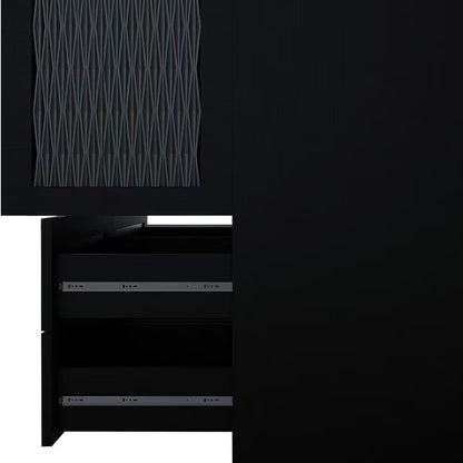 Cómoda de 180 cm con dos puertas y dos cajones, con diseño geométrico tallado y espejo, color negro