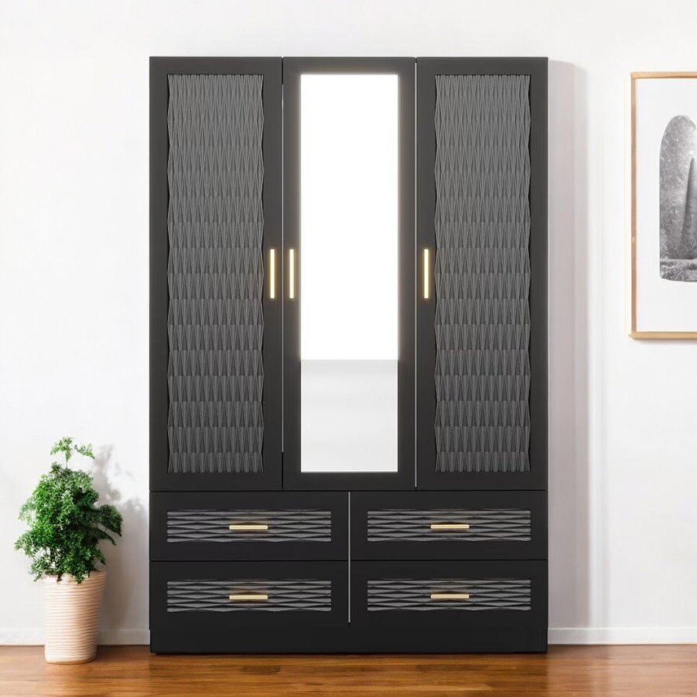 71" Black Carved Geometric Mirrored Three Door Four Drawer Combo Dresser