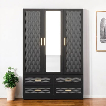 71" Black Carved Geometric Mirrored Three Door Four Drawer Combo Dresser