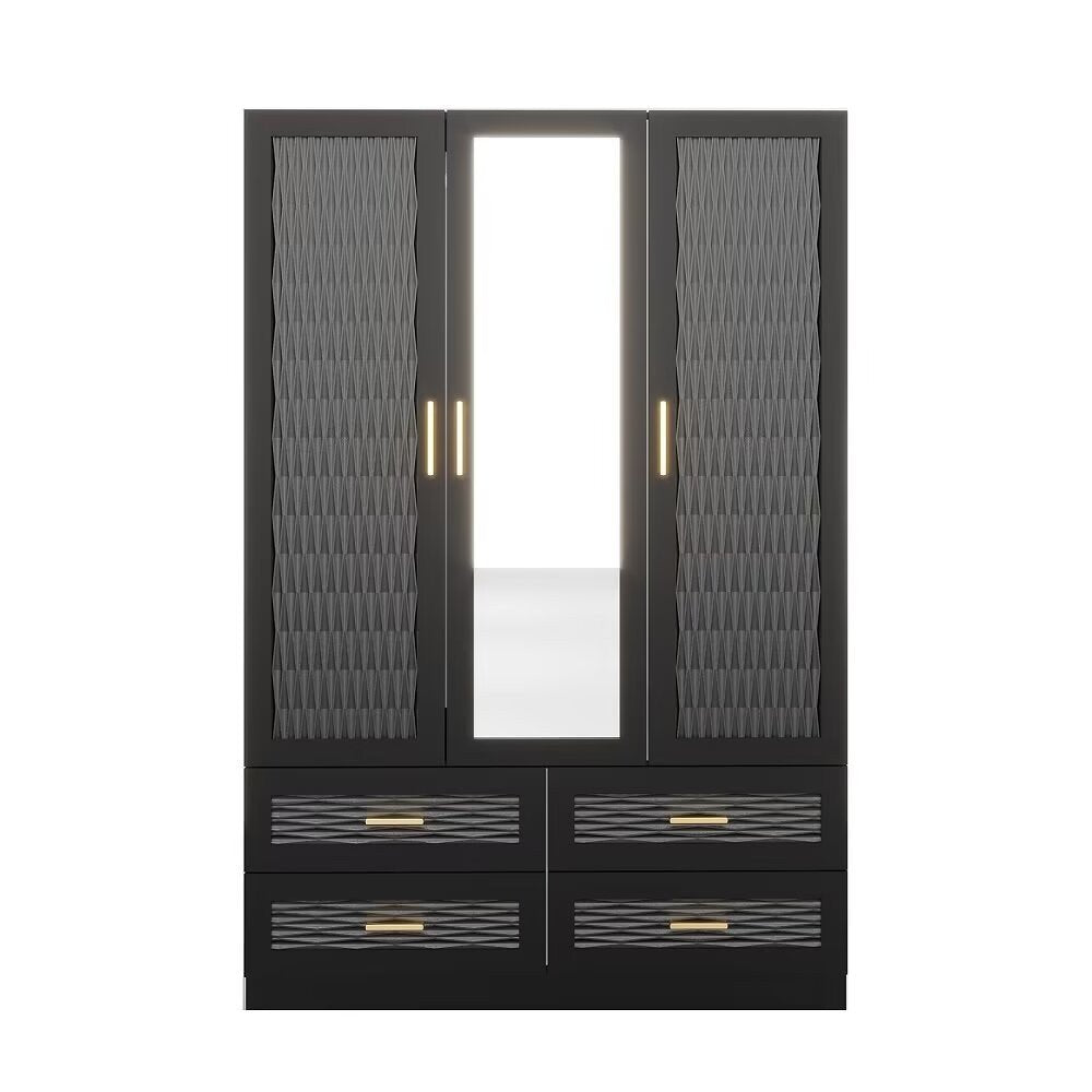71" Black Carved Geometric Mirrored Three Door Four Drawer Combo Dresser