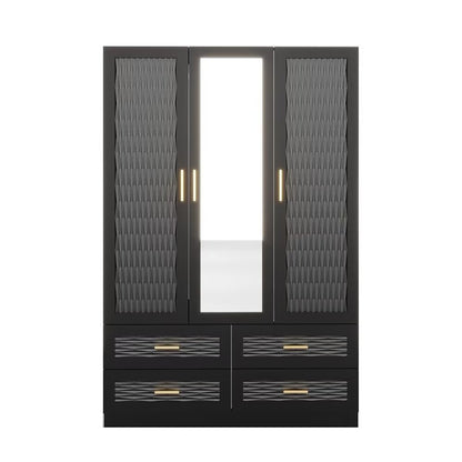 71" Black Carved Geometric Mirrored Three Door Four Drawer Combo Dresser