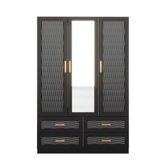 Cómoda de 71" con espejo geométrico tallado en negro, tres puertas y cuatro cajones
