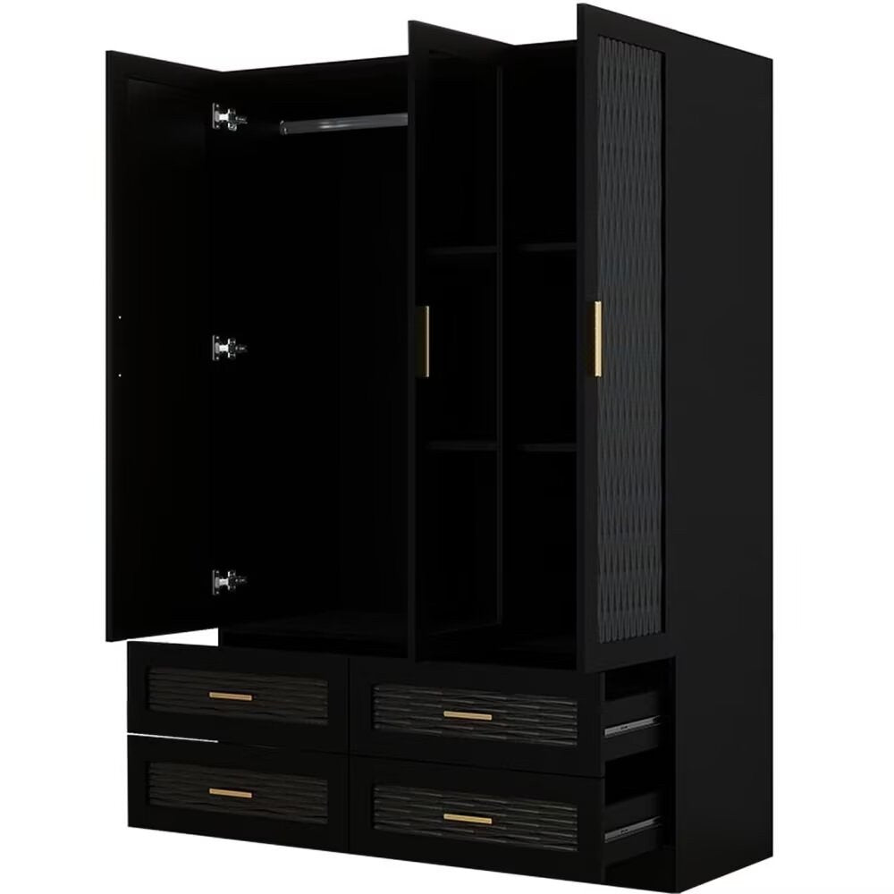 71" Black Carved Geometric Mirrored Three Door Four Drawer Combo Dresser