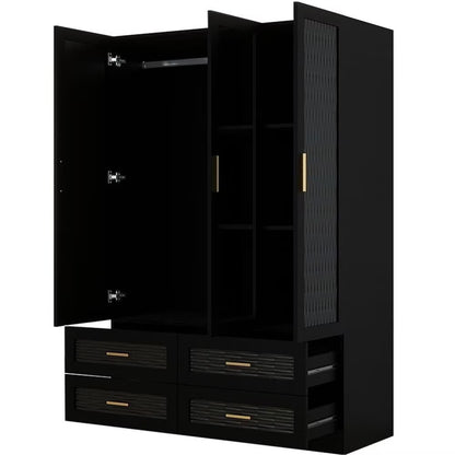 71" Black Carved Geometric Mirrored Three Door Four Drawer Combo Dresser