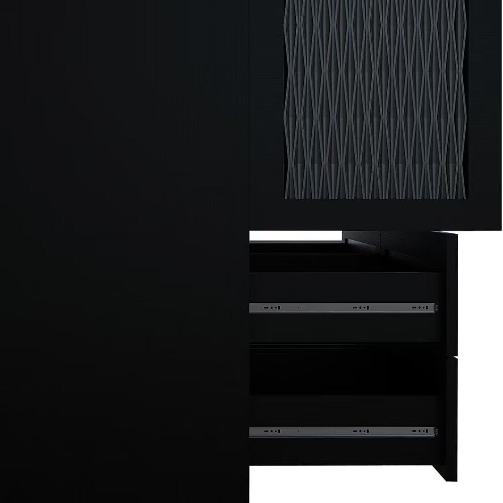 71" Black Carved Geometric Mirrored Three Door Four Drawer Combo Dresser