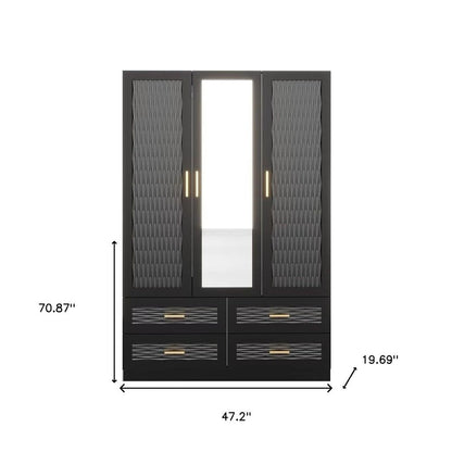 71" Black Carved Geometric Mirrored Three Door Four Drawer Combo Dresser