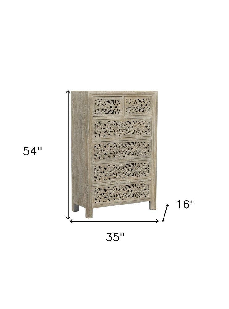 Cómoda de madera maciza de seis cajones con diseño floral tallado en gris de 35"