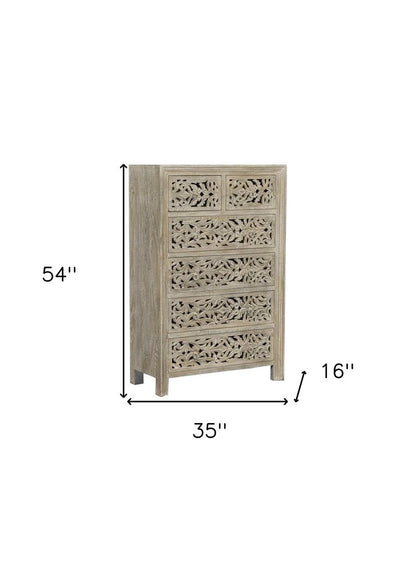 Cómoda de madera maciza de seis cajones con diseño floral tallado en gris de 35"