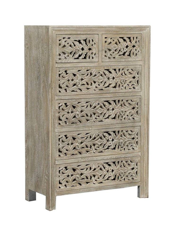 Cómoda de madera maciza de seis cajones con diseño floral tallado en gris de 35"