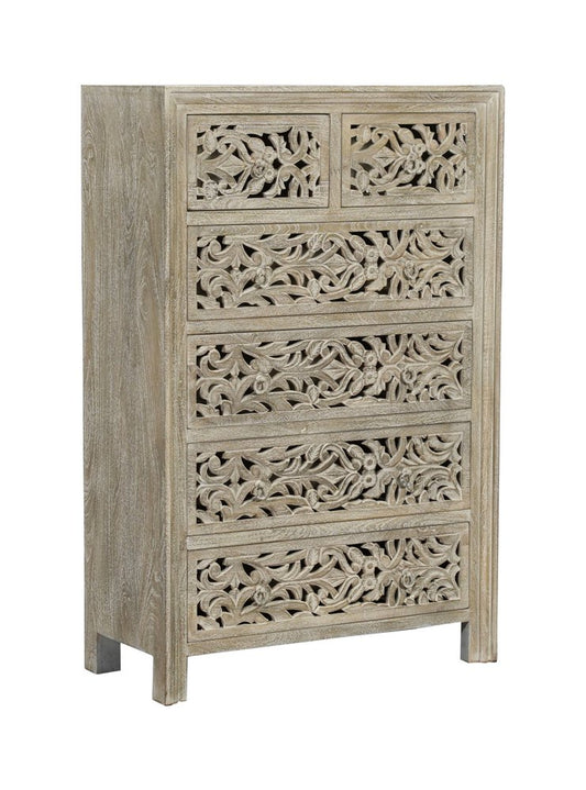 Cómoda de madera maciza de seis cajones con diseño floral tallado en gris de 35"