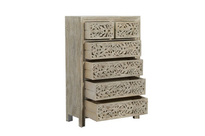 Cómoda de madera maciza de seis cajones con diseño floral tallado en gris de 35"
