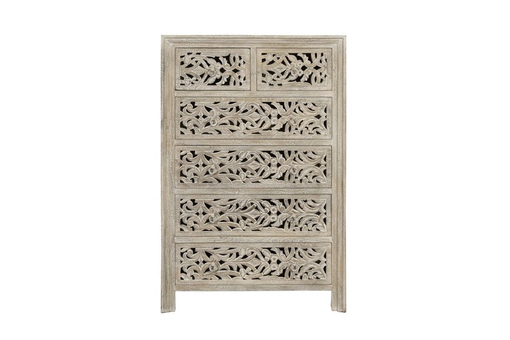 Cómoda de madera maciza de seis cajones con diseño floral tallado en gris de 35"