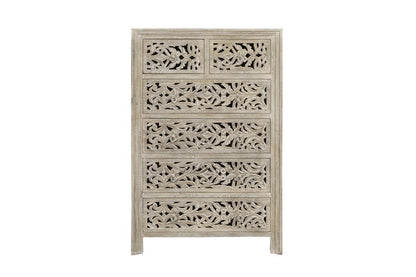 Cómoda de madera maciza de seis cajones con diseño floral tallado en gris de 35"