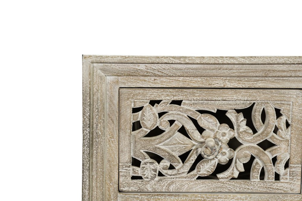 Cómoda de madera maciza de seis cajones con diseño floral tallado en gris de 35"
