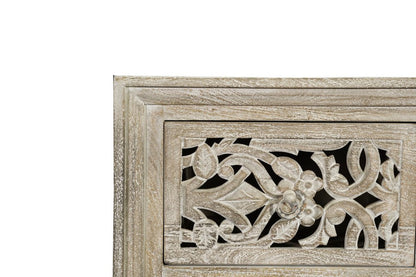 Cómoda de madera maciza de seis cajones con diseño floral tallado en gris de 35"