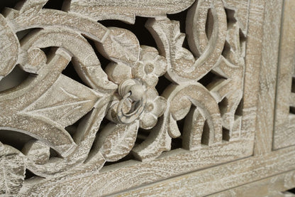 Cómoda de madera maciza de seis cajones con diseño floral tallado en gris de 35"