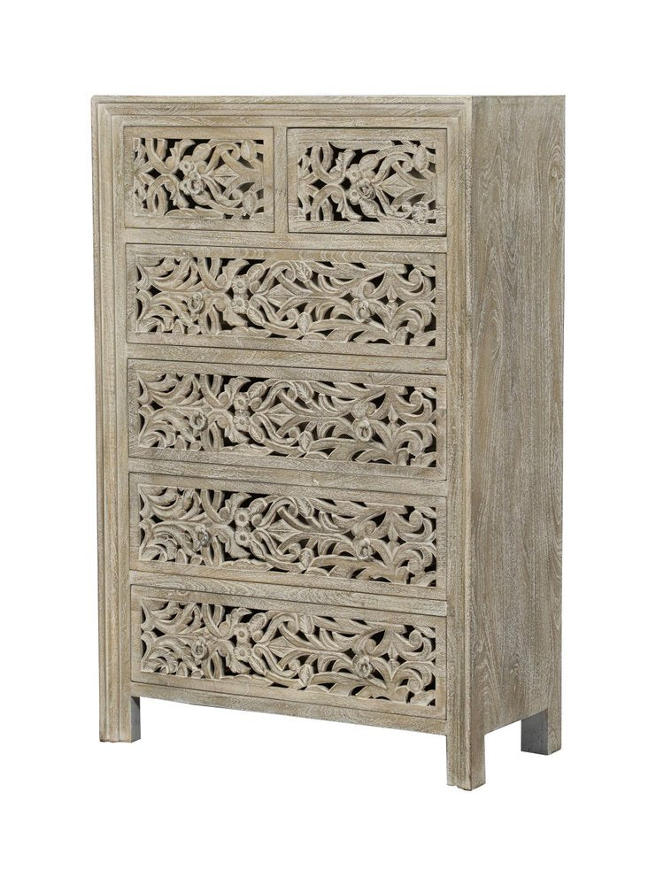 Cómoda de madera maciza de seis cajones con diseño floral tallado en gris de 35"