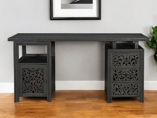 Escritorio de computadora de madera maciza de 172 cm con tres cajones y diseño floral tallado en negro