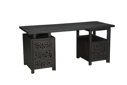 Escritorio de computadora de madera maciza de 172 cm con tres cajones y diseño floral tallado en negro
